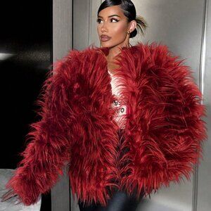 Burgundy Glam Girl Women's Luxurious Long Sleeve Fluffy Faux fur Coat